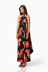 CURAAE Maelis Maxi Dress in Black & Red Floral with one shoulder & neck scarf side shot
