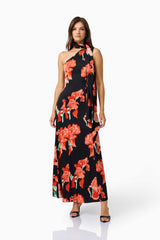CURAAE Maelis Maxi Dress in Black & Red Floral with one shoulder & neck scarf posed shot