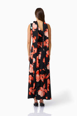 CURAAE Maelis Maxi Dress in Black & Red Floral with one shoulder & neck scarf back shot