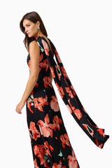 CURAAE Maelis Maxi Dress in Black & Red Floral with one shoulder & neck scarf close up back shot