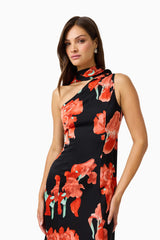 CURAAE Maelis Maxi Dress in Black & Red Floral with one shoulder & neck scarf close up hand on hip shot