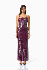 CURAAE Verdita Sequin Maxi Dress in Burgundy with lace trim front shot