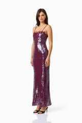 CURAAE Verdita Sequin Maxi Dress in Burgundy with lace trim side shot