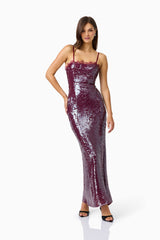 CURAAE Verdita Sequin Maxi Dress in Burgundy with lace trim posed shot