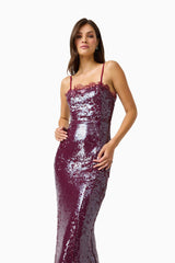 CURAAE Verdita Sequin Maxi Dress in Burgundy with lace trim close up posed shot