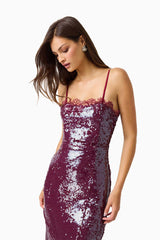 CURAAE Verdita Sequin Maxi Dress in Burgundy with lace trim detail shot