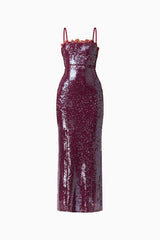 CURAAE Verdita Sequin Maxi Dress in Burgundy with lace trim ghost shot