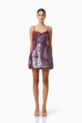 CURAAE Verdita Sequin Mini Dress in Burgundy with lace trim & a-line silhouette front shot