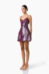 CURAAE Verdita Sequin Mini Dress in Burgundy with lace trim & a-line silhouette side shot
