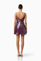 CURAAE Verdita Sequin Mini Dress in Burgundy with lace trim & a-line silhouette back shot