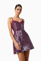 CURAAE Verdita Sequin Mini Dress in Burgundy with lace trim & a-line silhouette close up shot