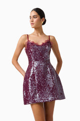 CURAAE Verdita Sequin Mini Dress in Burgundy with lace trim & a-line silhouette close up looking away shot