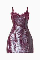 CURAAE Verdita Sequin Mini Dress in Burgundy with lace trim & a-line silhouette ghost shot
