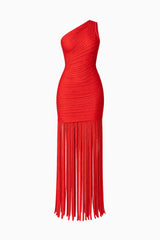 CURAAE Aurette One Shoulder Gown in Red with fringe detailing ghost shot