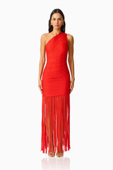 CURAAE Aurette One Shoulder Gown in Red with fringe detailing front shot