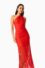 CURAAE Aurette One Shoulder Gown in Red with fringe detailing close up shot