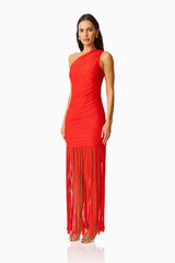 CURAAE Aurette One Shoulder Gown in Red with fringe detailing side shot