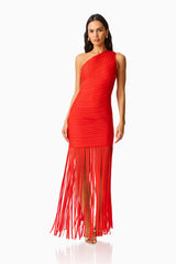 CURAAE Aurette One Shoulder Gown in Red with fringe detailing posed shot