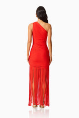 CURAAE Aurette One Shoulder Gown in Red with fringe detailing back shot