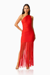 CURAAE Aurette One Shoulder Gown in Red with fringe detailing posed hand on hip shot