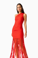 CURAAE Aurette One Shoulder Gown in Red with fringe detailing close u looking away shot