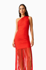 CURAAE Aurette One Shoulder Gown in Red with fringe detailing close up posed shot