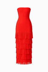 CURAAE Aurette Tiered Gown in Red with a strapless neckline & tiered skirt ghost shot