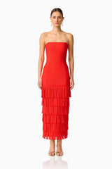 CURAAE Aurette Tiered Gown in Red with a strapless neckline & tiered skirt front shot
