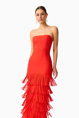 CURAAE Aurette Tiered Gown in Red with a strapless neckline & tiered skirt side shot