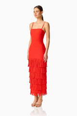 CURAAE Aurette Tiered Gown in Red with a strapless neckline & tiered skirt side shot