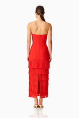 CURAAE Aurette Tiered Gown in Red with a strapless neckline & tiered skirt back shot