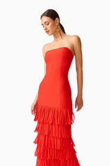 CURAAE Aurette Tiered Gown in Red with a strapless neckline & tiered skirt close up shot