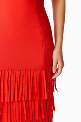 CURAAE Aurette Tiered Gown in Red with a strapless neckline & tiered skirt detail shot