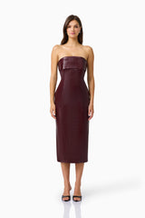 CURAAE Lorea Strapless Midi Dress in Burgundy with croc leather fabrication front shot 