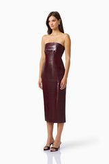 CURAAE Lorea Strapless Midi Dress in Burgundy with croc leather fabrication side shot 