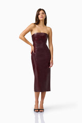 CURAAE Lorea Strapless Midi Dress in Burgundy with croc leather fabrication posed shot 