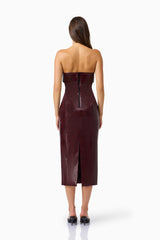 CURAAE Lorea Strapless Midi Dress in Burgundy with croc leather fabrication back shot 