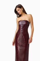 CURAAE Lorea Strapless Midi Dress in Burgundy with croc leather fabrication close up looking away shot 