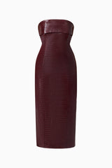 CURAAE Lorea Strapless Midi Dress in Burgundy with croc leather fabrication ghost shot 