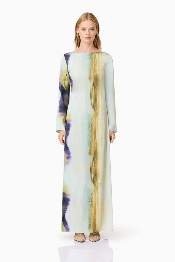 Blonde model wears Willow Satin Maxi Dress In Blue front shot