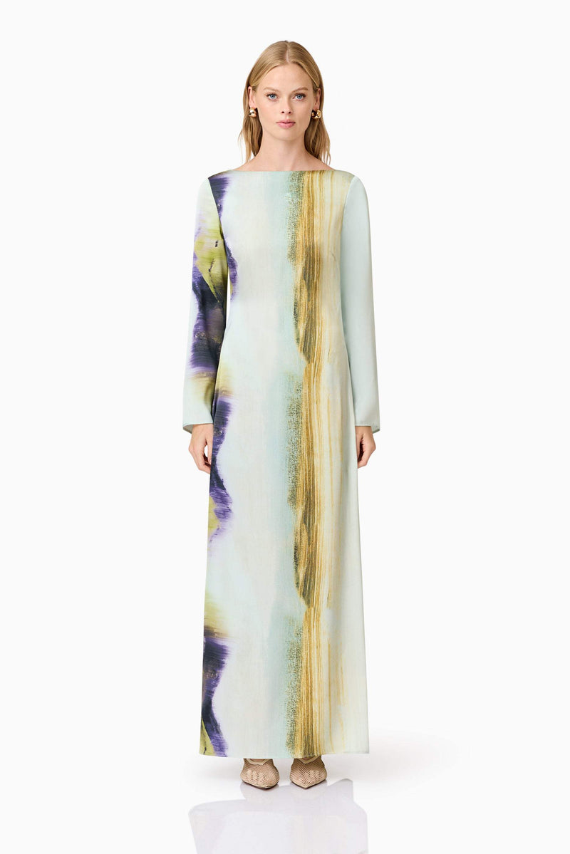 Blonde model wears Willow Satin Maxi Dress In Blue front shot