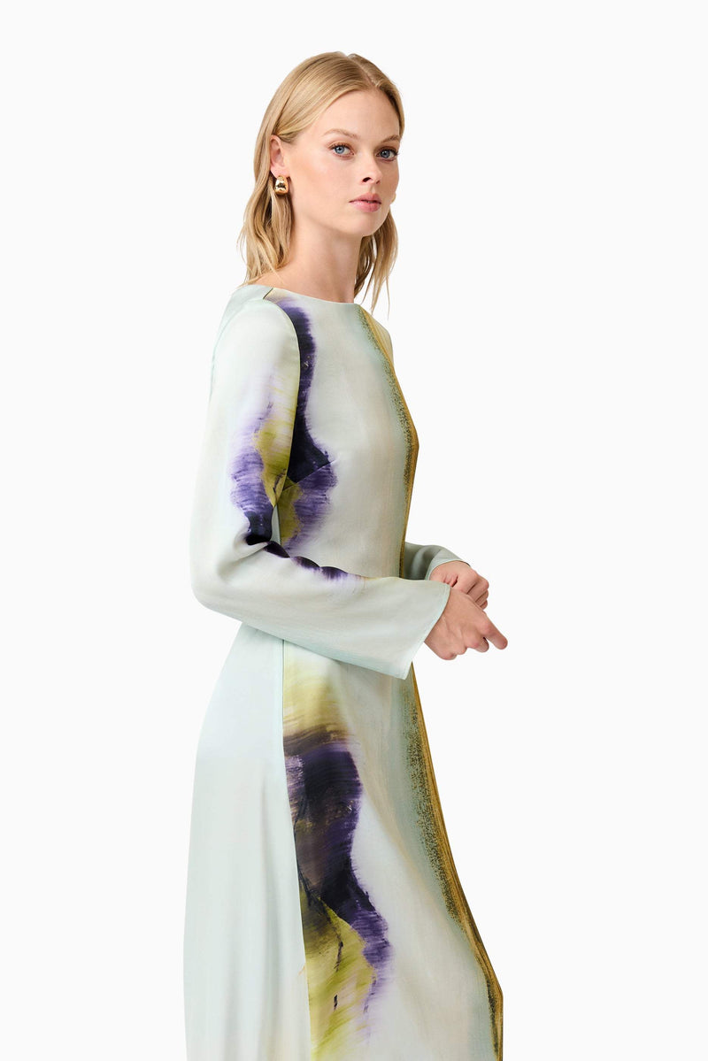 Blonde model wears Willow Satin Maxi Dress In Blue close up shot
