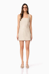 Brunette model wears Celina Leather Mini Dress In Beige front shot