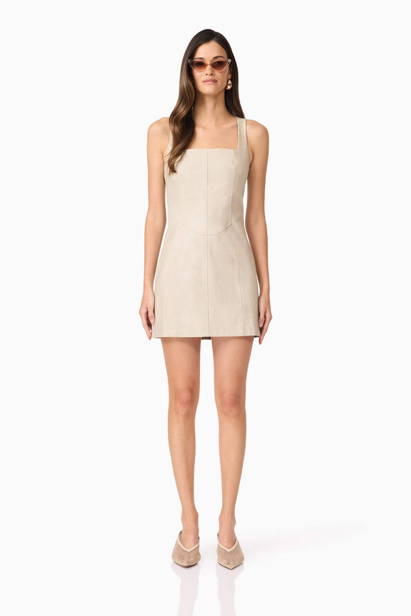 Brunette model wears Celina Leather Mini Dress In Beige front shot