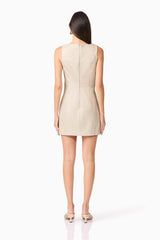 Brunette model wears Celina Leather Mini Dress In Beige back view