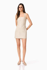 Brunette model wears Celina Leather Mini Dress In Beige posed shot