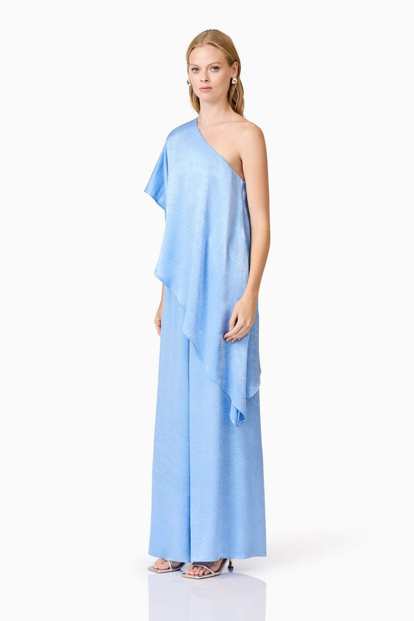 Blonde model wearing Fleur Satin Trousers in Blue side shot