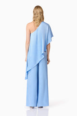 Blonde model wearing Fleur Satin Trousers in Blue back shot