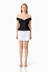 Blonde model wearingKhloe Crepe Knit Top In Black front shot