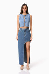 Brunette model wearing Adalynn Denim Vest front shot